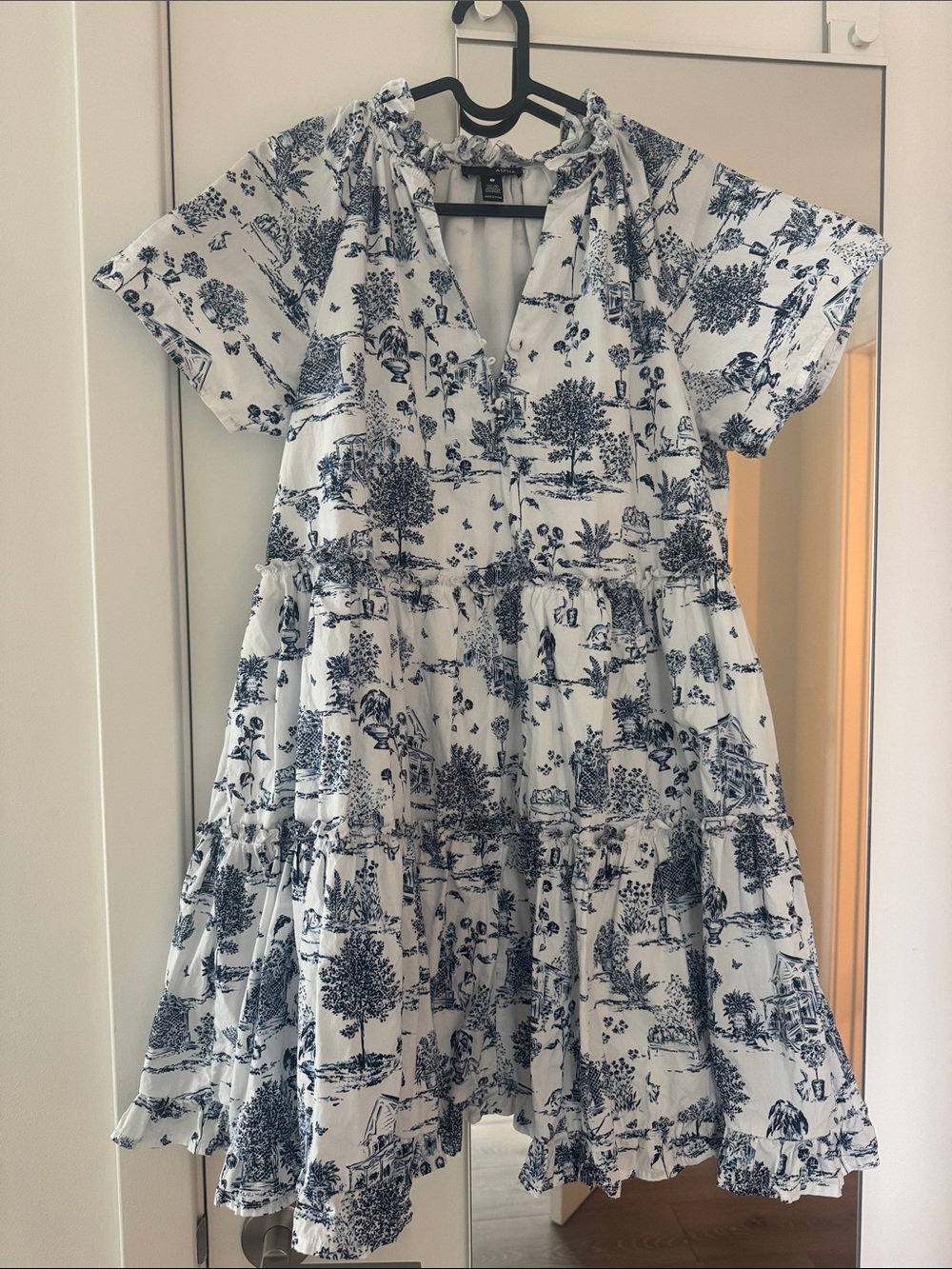 Blue and White Printed Tiered Women's Dress
